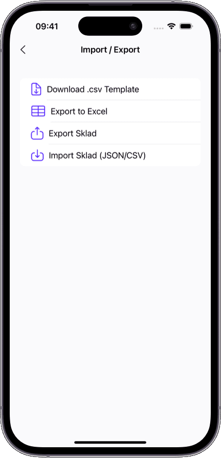 Import and export screen in Sklad inventory management software with CSV data mapping