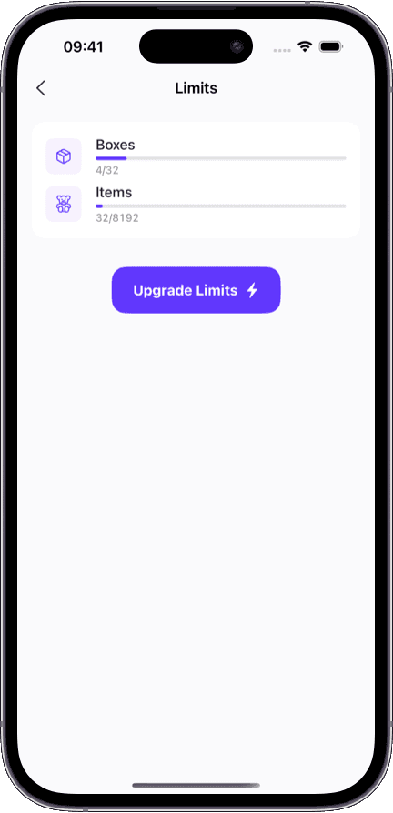 Sklad free tier limits screen showing plan comparison and upgrade options